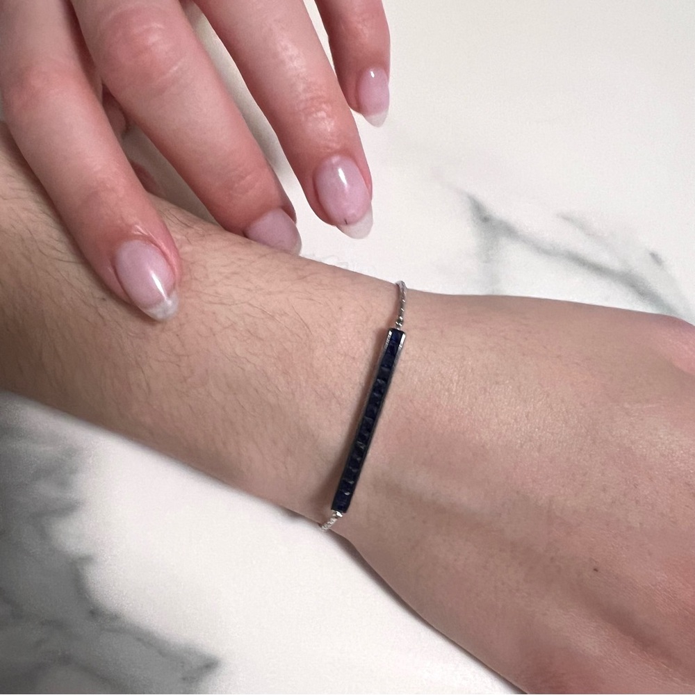 Minimalist Art Deco Style .925 Sterling Silver Created Sapphire Slide Bracelet